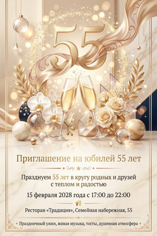 Приглашение на юбилей 55 лет с золотыми цифрами и цветами