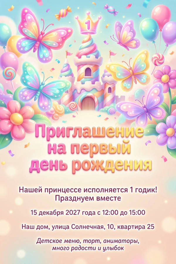 Приглашение девочке на 1 год