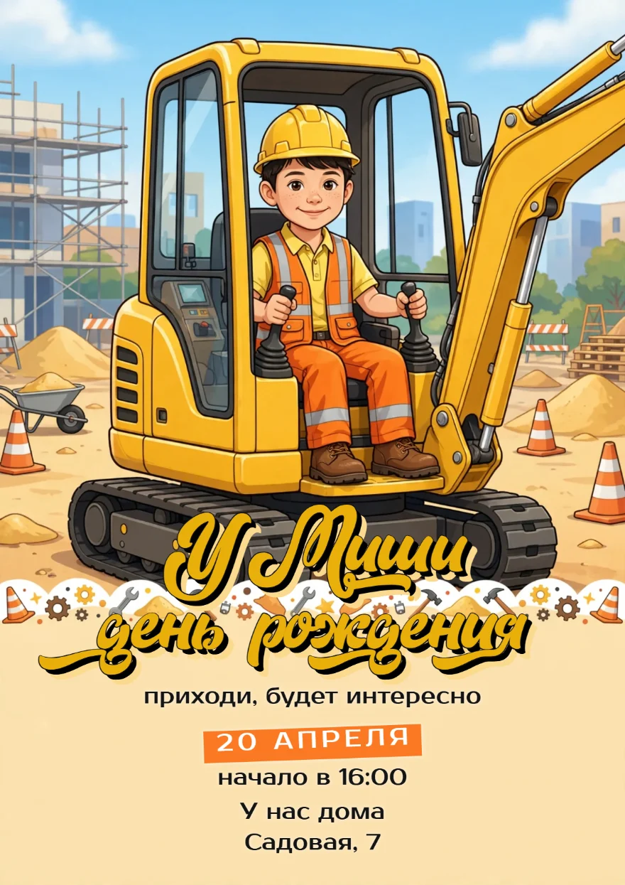 Строитель в жёлтом экскаваторе