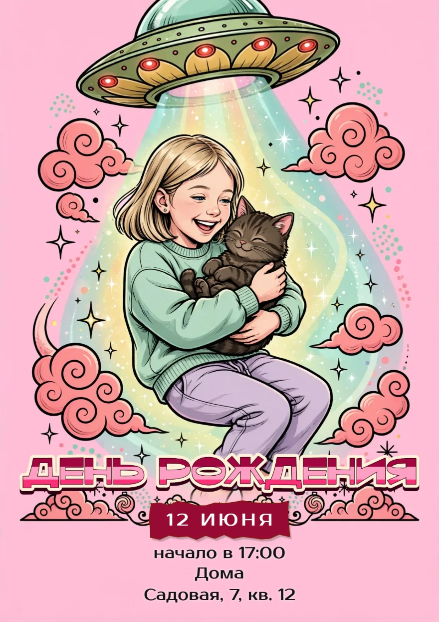 Девочка с котёнком в луче НЛО