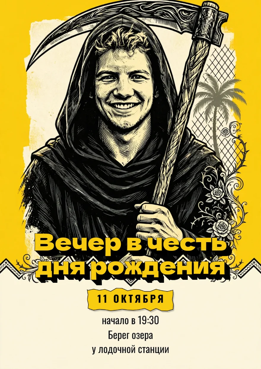 Улыбающийся жнец с косой